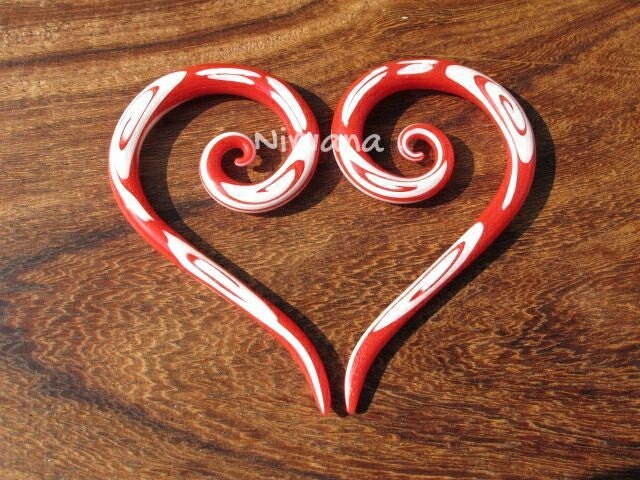 1 Pair (2 Pieces) Red & White Tribal Swirl Pattern Thai Super Spirals Glass