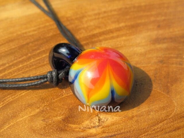 1 Piece - Groovy Rasta Flower Pendant in Pyrex Glass With Black Waxed Linen Adjustable Cord
