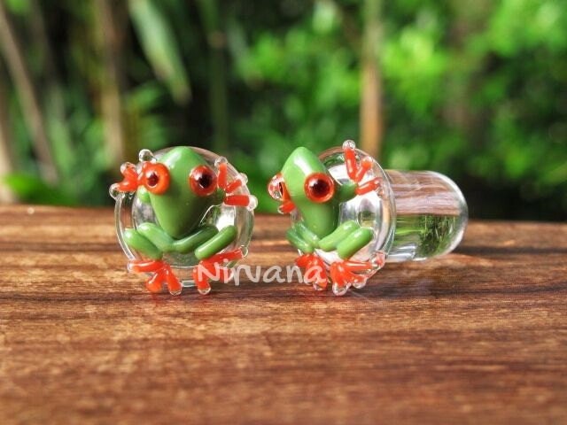 1 Pair (2 Pieces) Green with Red Legs Poison Tree Frog Glass Plugs