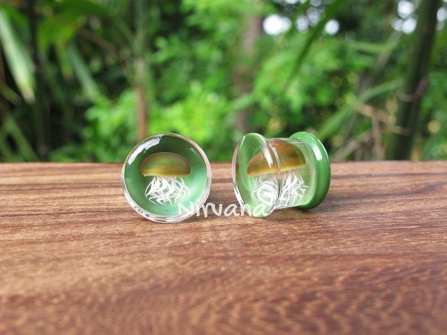 1 Pair (2 Pieces) Pyrex Glass Jellyfish Plugs Jade Green Background