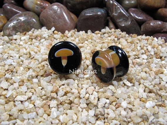 1 Pair (2 Pieces) Glass Mushroom Plugs with Black Colored Background