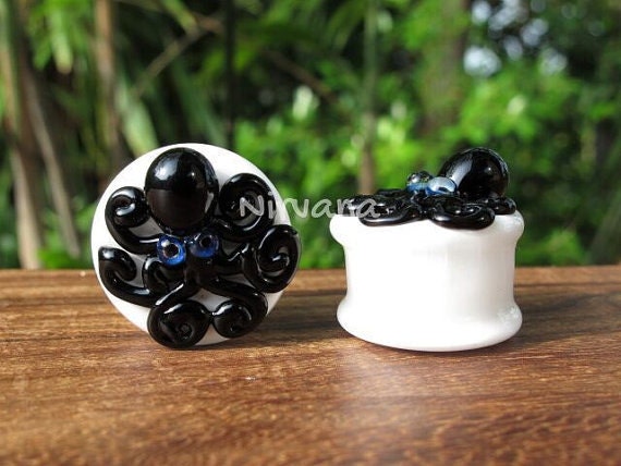 1 Pair (2 Pieces) Black Octopus on White Plugs Pyrex Glass