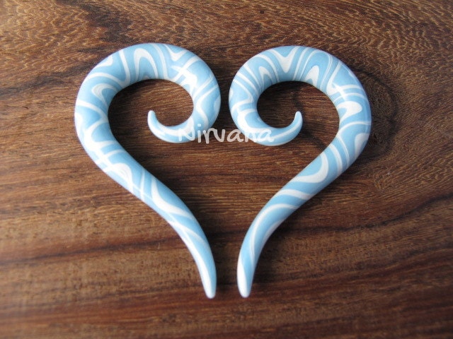 1 Pair (2 Pieces) Sky Blue & White Snake Pattern Glass Thai Spirals