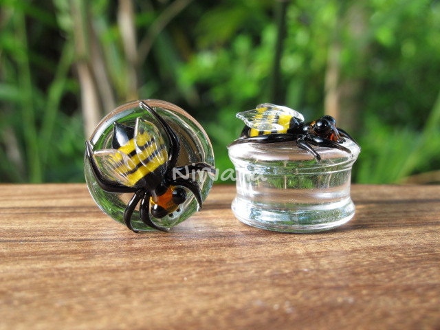 1 Pair (2 Pieces) Pyrex Glass Honey Bee Plugs One Pair Gauges