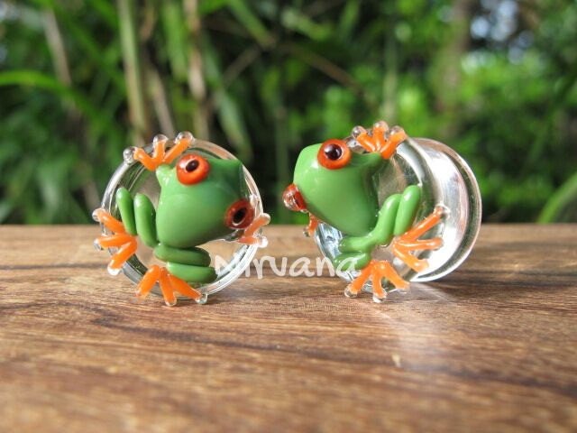 1 Pair (2 Pieces) Green Poison Tree Frog with Orange Legs Glass Plugs