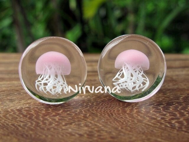 1 Pair (2 Pieces) Pink Pyrex Glass Jellyfish Plugs