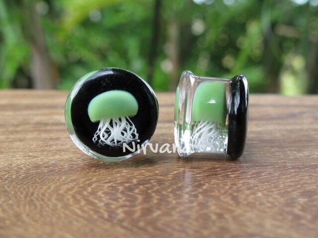 1 Pair (2 Pieces) Jade Pyrex Glass Jellyfish Plugs Black Background