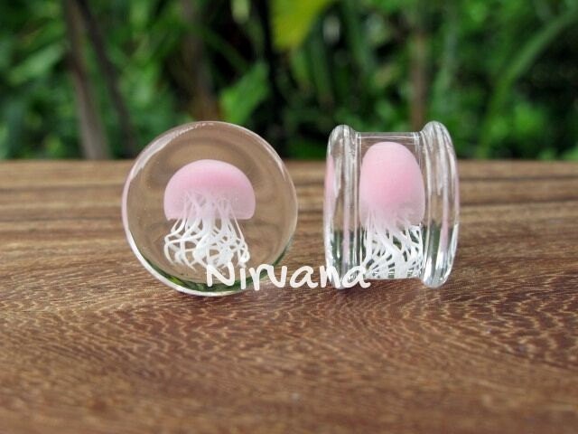 1 Pair (2 Pieces) Pink Pyrex Glass Jellyfish Plugs