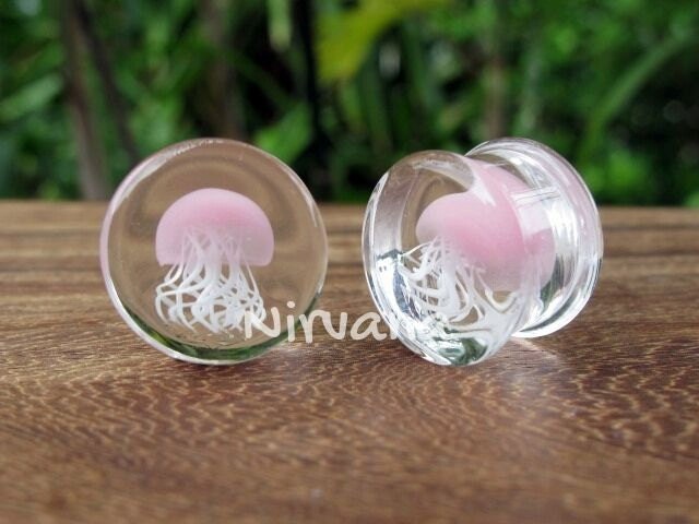 1 Pair (2 Pieces) Pink Pyrex Glass Jellyfish Plugs