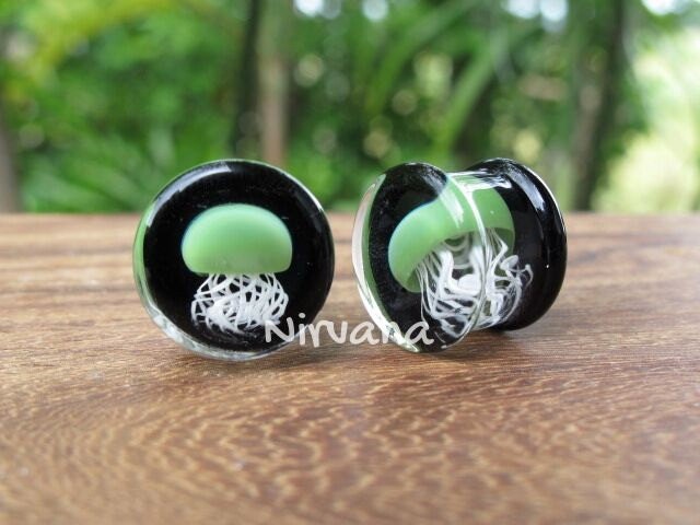 1 Pair (2 Pieces) Jade Pyrex Glass Jellyfish Plugs Black Background