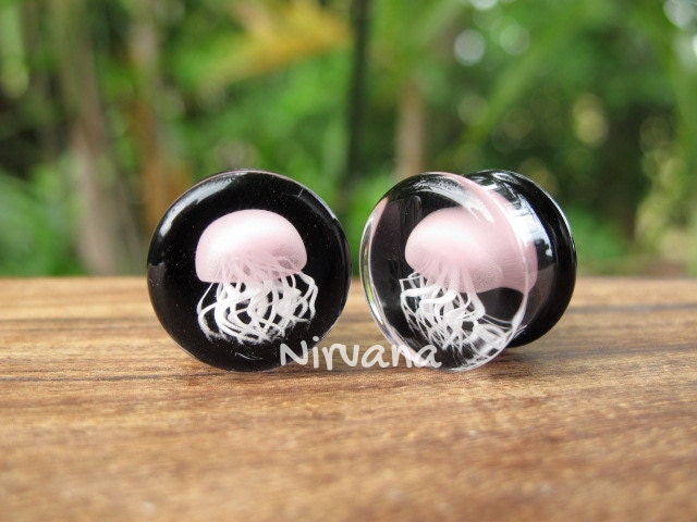 1 Pair (2 Pieces) Pyrex Glass Pink Jellyfish Plugs Black Background