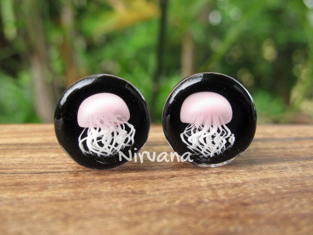 1 Pair (2 Pieces) Pyrex Glass Pink Jellyfish Plugs Black Background