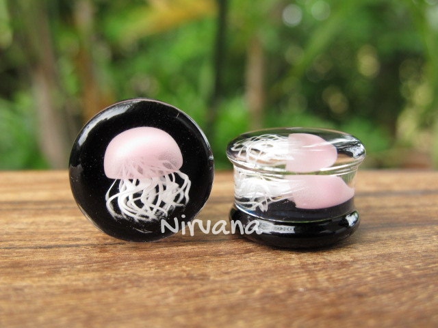 1 Pair (2 Pieces) Pyrex Glass Pink Jellyfish Plugs Black Background
