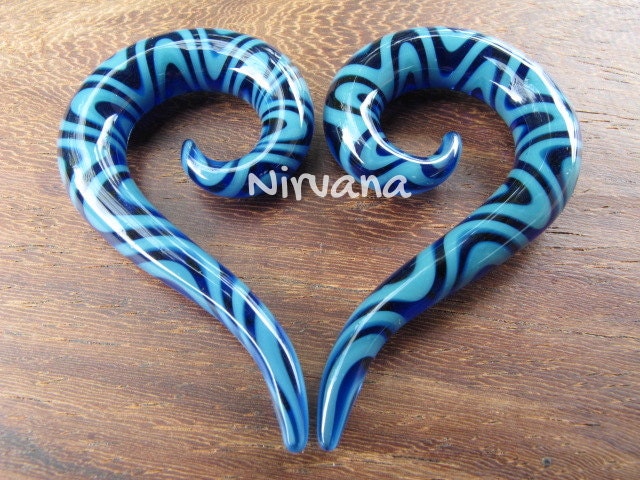 1 Pair (2 Pieces) Blue & Aqua Snake Pattern Thai Spirals Glass