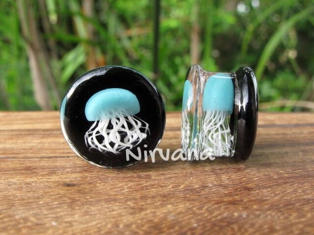 1 Pair (2 Pieces) Aqua Pyrex Glass Jellyfish Plugs Black Background