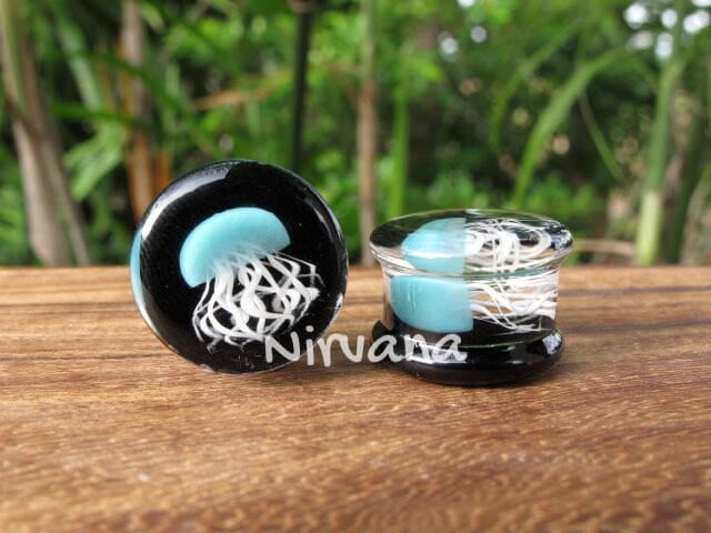 1 Pair (2 Pieces) Aqua Pyrex Glass Jellyfish Plugs Black Background