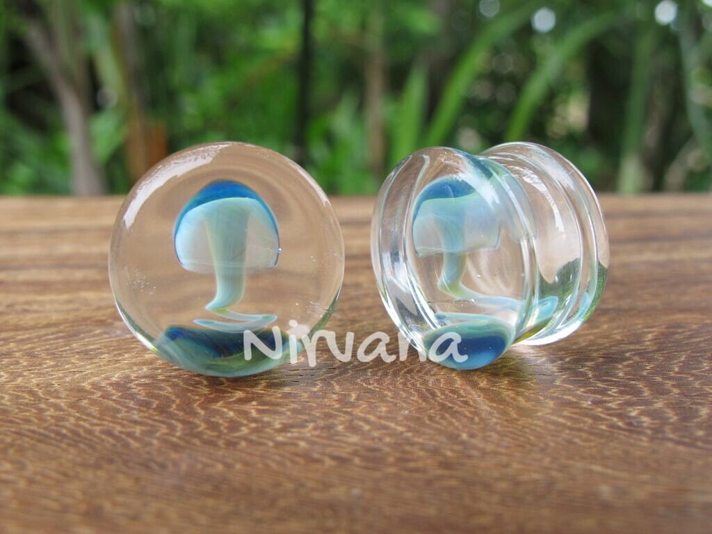 1 Pair (2 Pieces) Magic Mushroom Plugs Pyrex Glass Exotic Blue