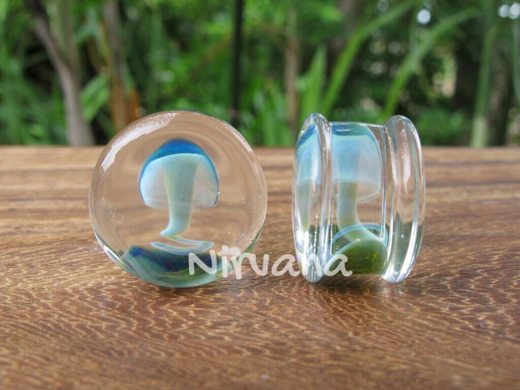 1 Pair (2 Pieces) Magic Mushroom Plugs Pyrex Glass Exotic Blue