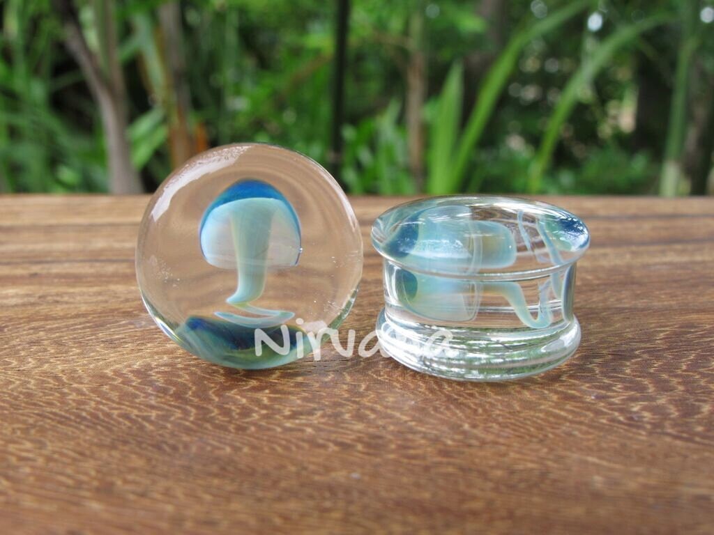 1 Pair (2 Pieces) Magic Mushroom Plugs Pyrex Glass Exotic Blue