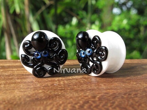 1 Pair (2 Pieces) Black Octopus on White Plugs Pyrex Glass
