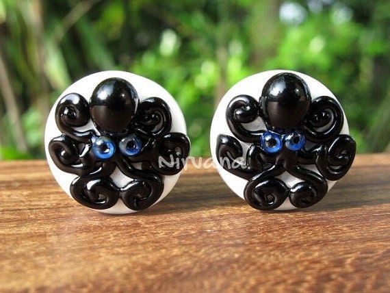 1 Pair (2 Pieces) Black Octopus on White Plugs Pyrex Glass