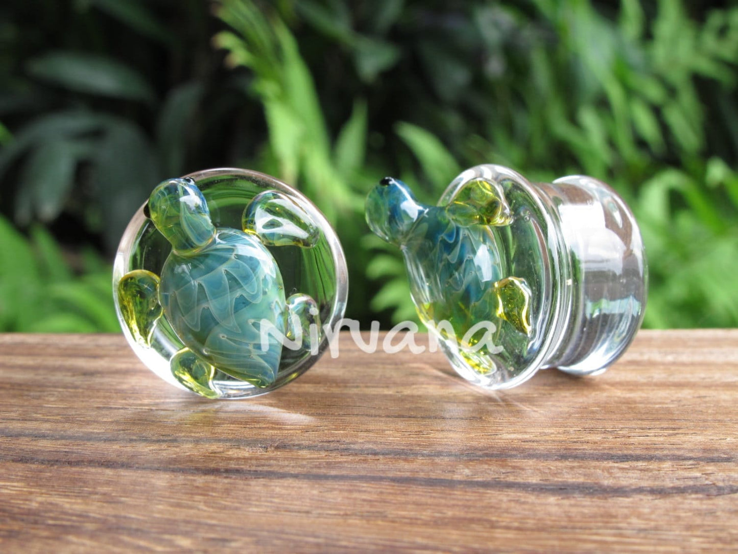 1 Pair (2 Pieces) Pyrex Glass Exotic Green Turtle Plugs