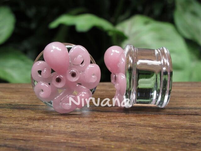 1 Pair (2 Pieces) Pink Octopus Plugs Pyrex Glass