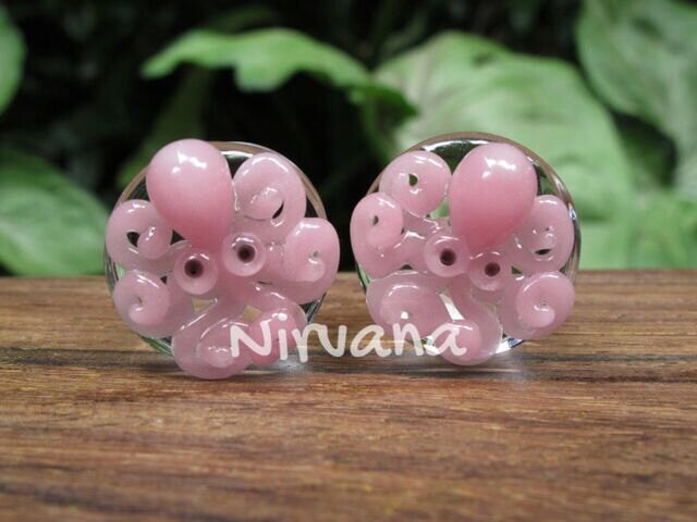 1 Pair (2 Pieces) Pink Octopus Plugs Pyrex Glass