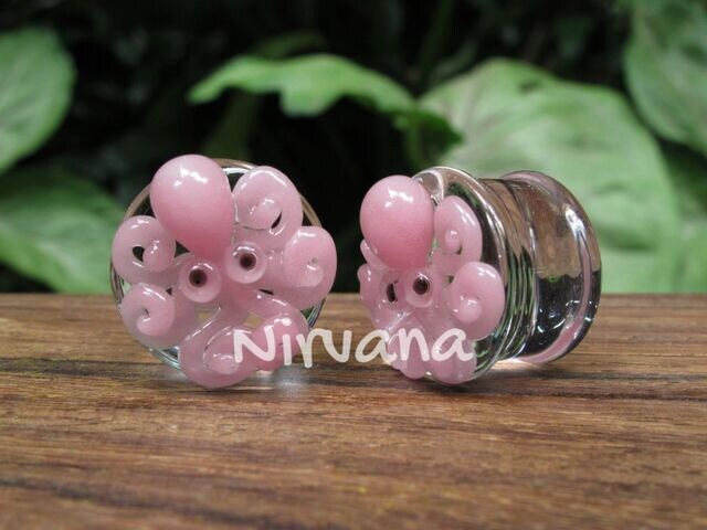 1 Pair (2 Pieces) Pink Octopus Plugs Pyrex Glass