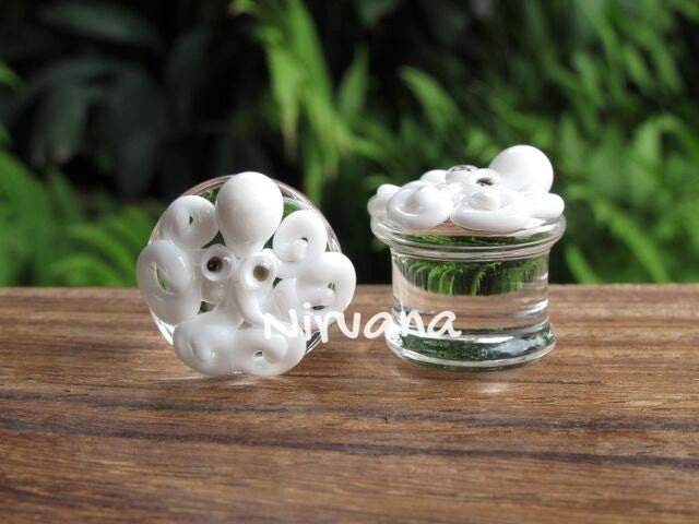 1 Pair (2 Pieces) White Octopus Plugs Pyrex Glass