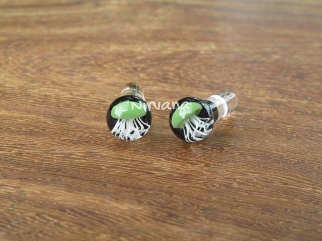 1 Pair (2 Pieces) Jade Green Pyrex Glass Jellyfish Ball Style Plugs on Black Background