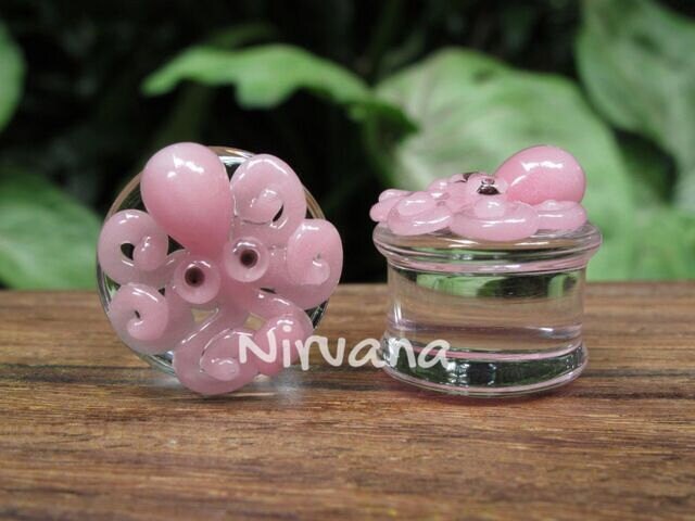 1 Pair (2 Pieces) Pink Octopus Plugs Pyrex Glass
