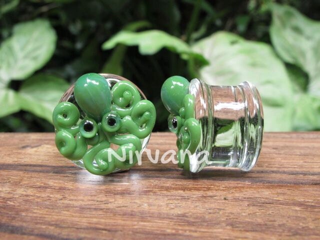 1 Pair (2 Pieces) Jade Green Octopus Plugs Pyrex Glass