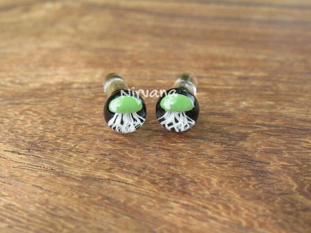 1 Pair (2 Pieces) Jade Green Pyrex Glass Jellyfish Ball Style Plugs on Black Background