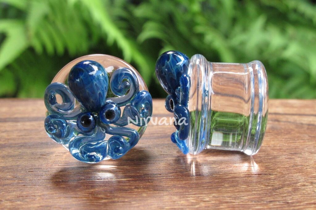 1 Pair (2 Pieces) New Exotic Blue Octopus Plugs Pyrex Glass