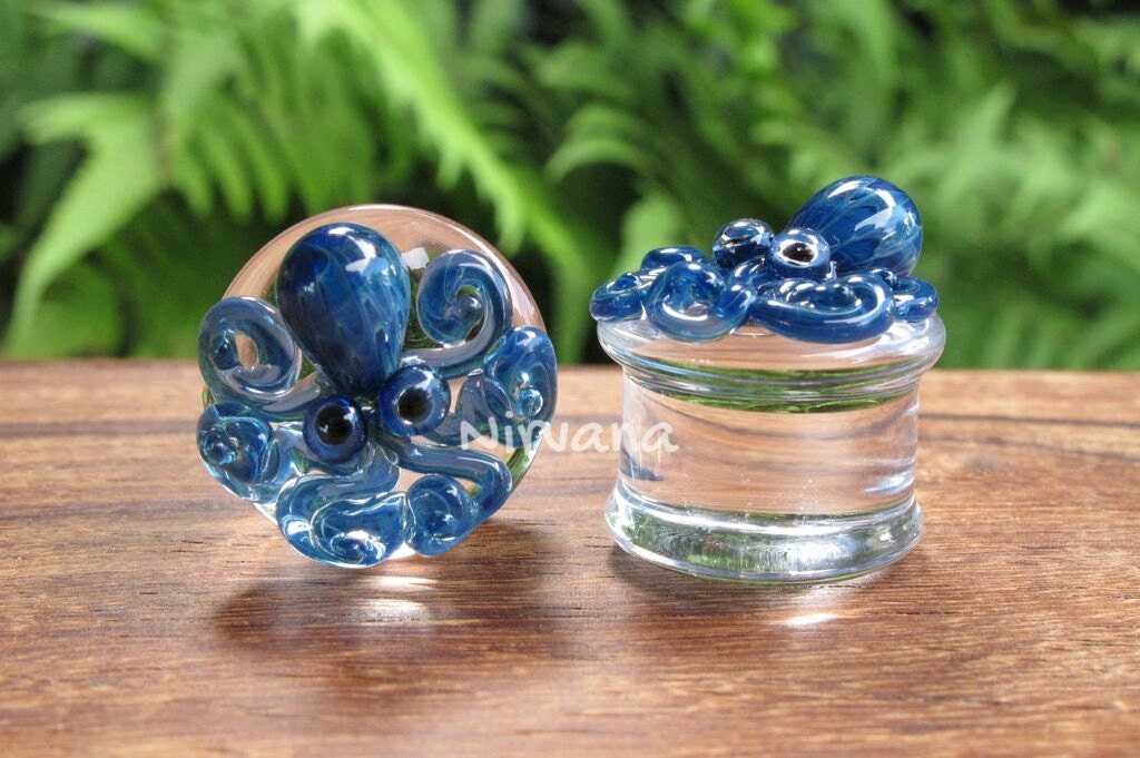 1 Pair (2 Pieces) New Exotic Blue Octopus Plugs Pyrex Glass