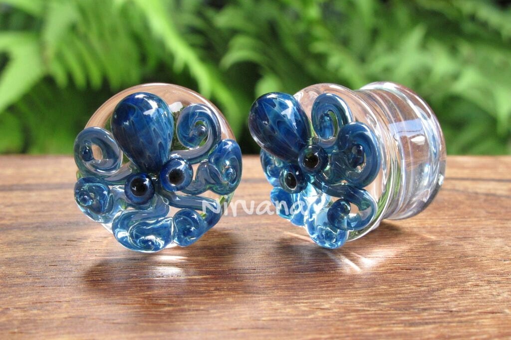 1 Pair (2 Pieces) New Exotic Blue Octopus Plugs Pyrex Glass