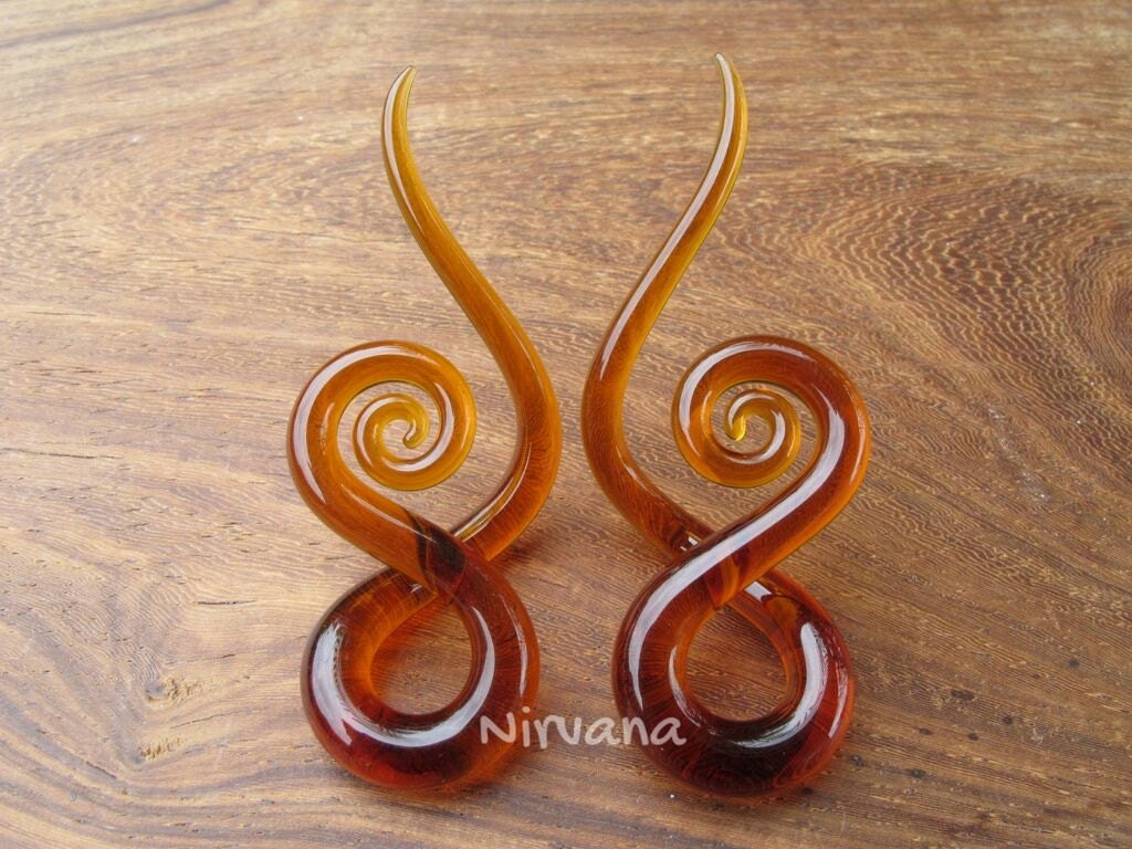 1 Pair (2 Pieces) Amber Colored Glass Note Spirals