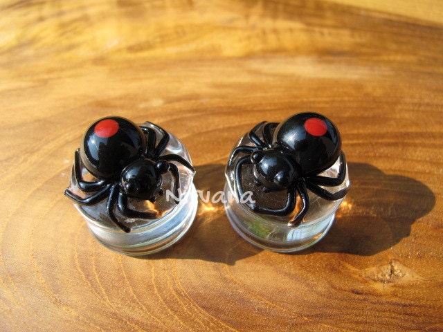 1 Pair (2 Pieces) Black Widow Spider with Dark Red Spots Glass Plugs