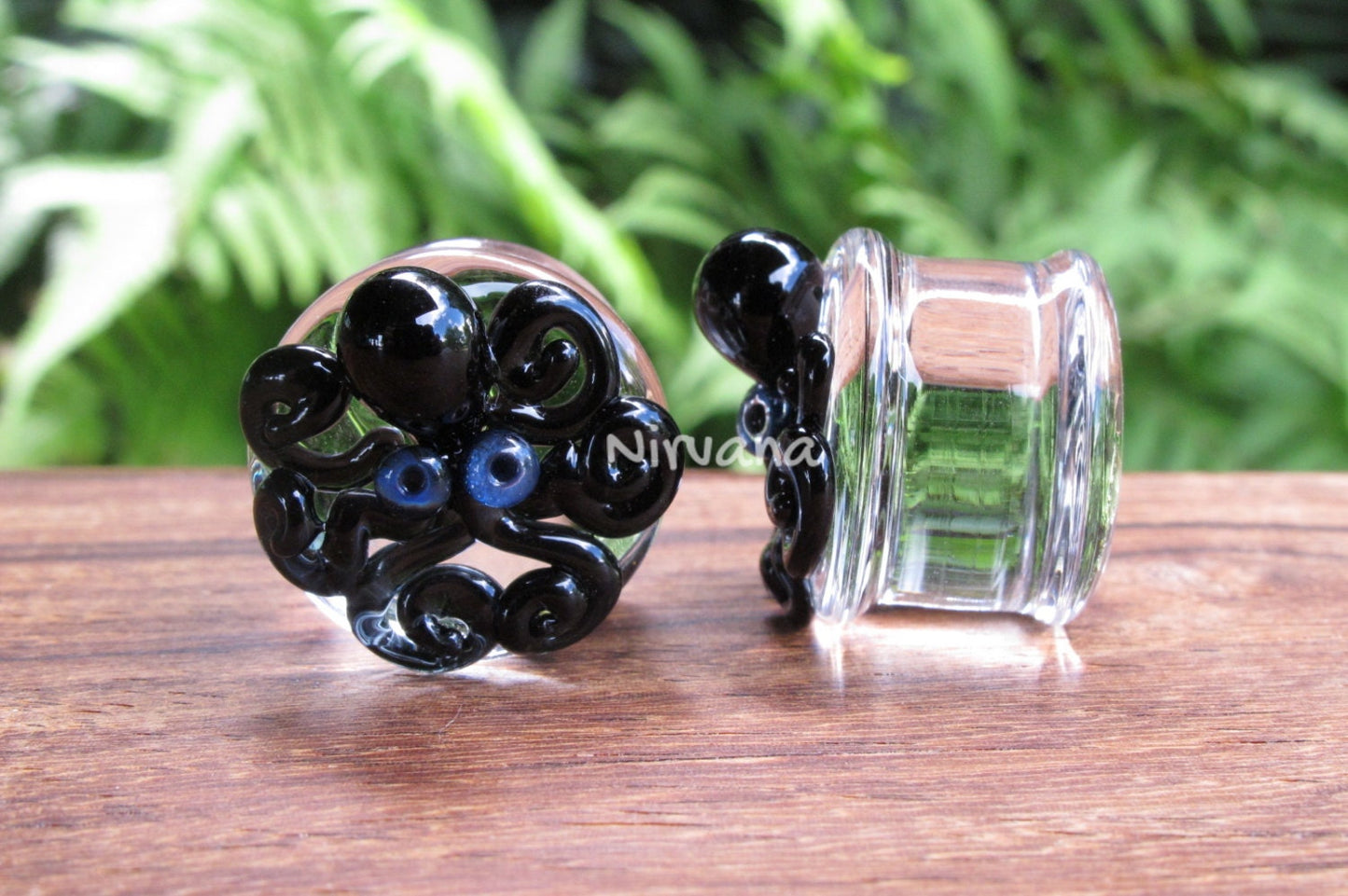 1 Pair (2 Pieces) Black Octopus on Clear Plugs Pyrex Glass