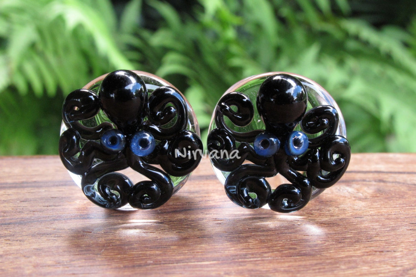 1 Pair (2 Pieces) Black Octopus on Clear Plugs Pyrex Glass