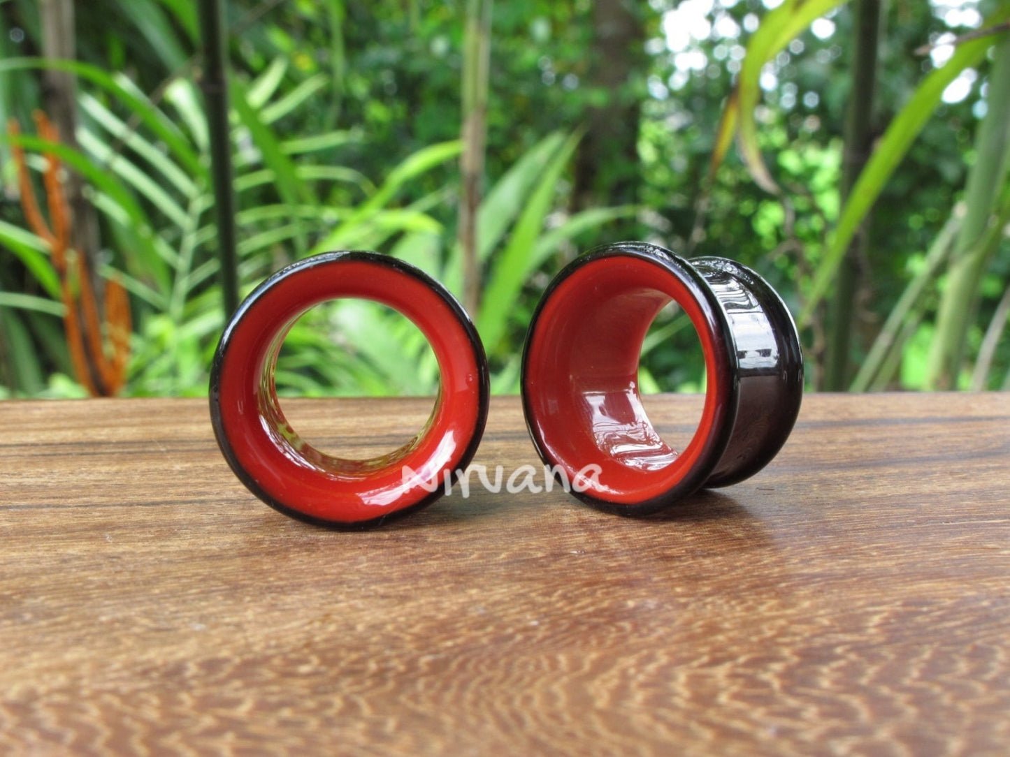 1 Pair (2 Pieces) Black & Dark Red 2 Tone Tunnels Glass