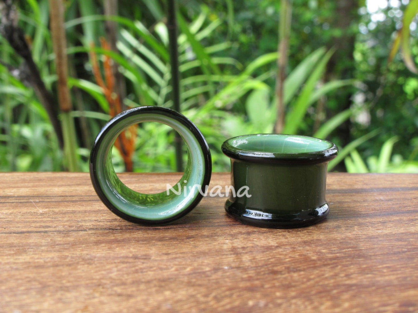 1 Pair (2 Pieces) Black & Jade 2 Tone Tunnels Glass
