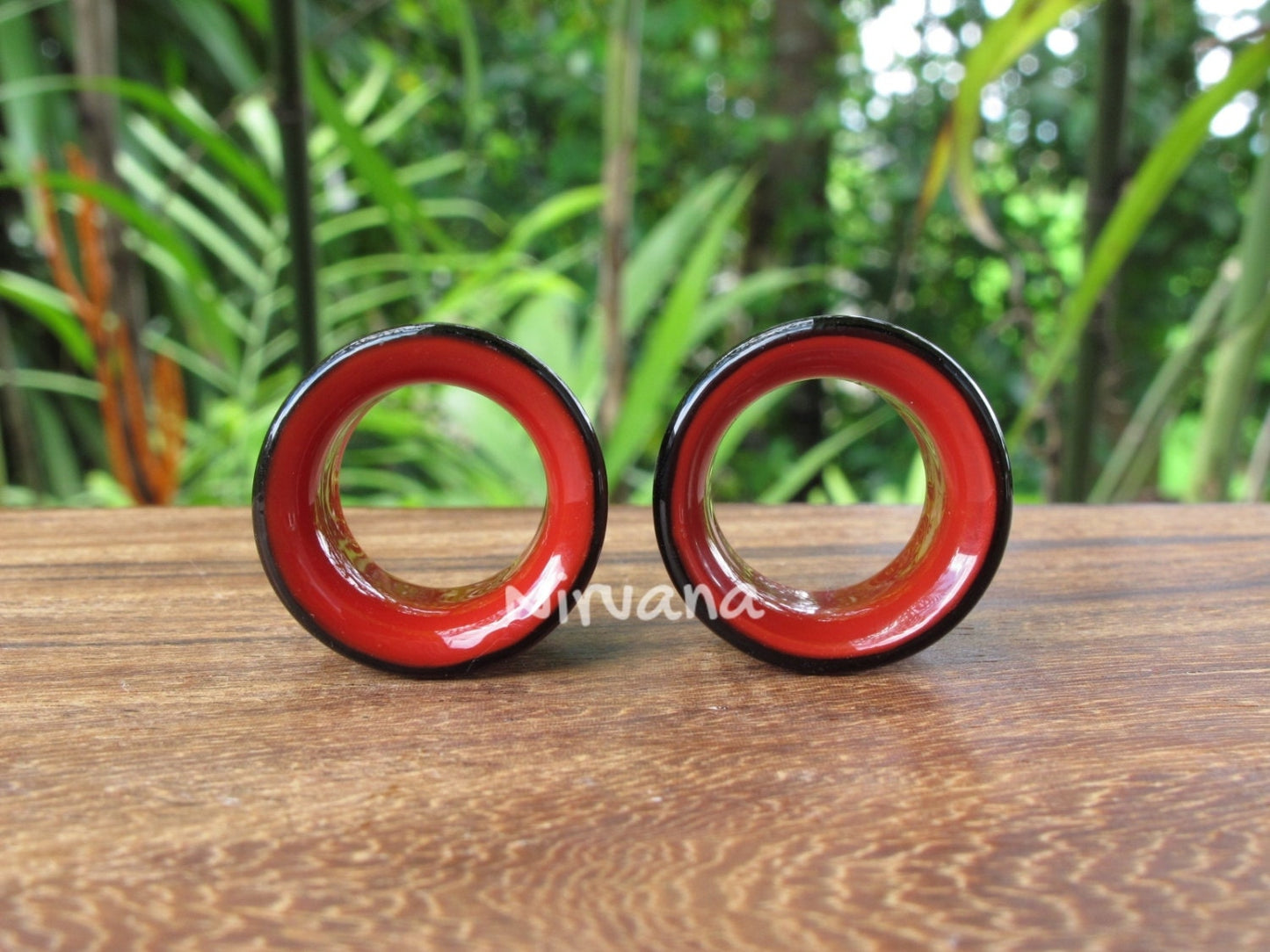 1 Pair (2 Pieces) Black & Dark Red 2 Tone Tunnels Glass