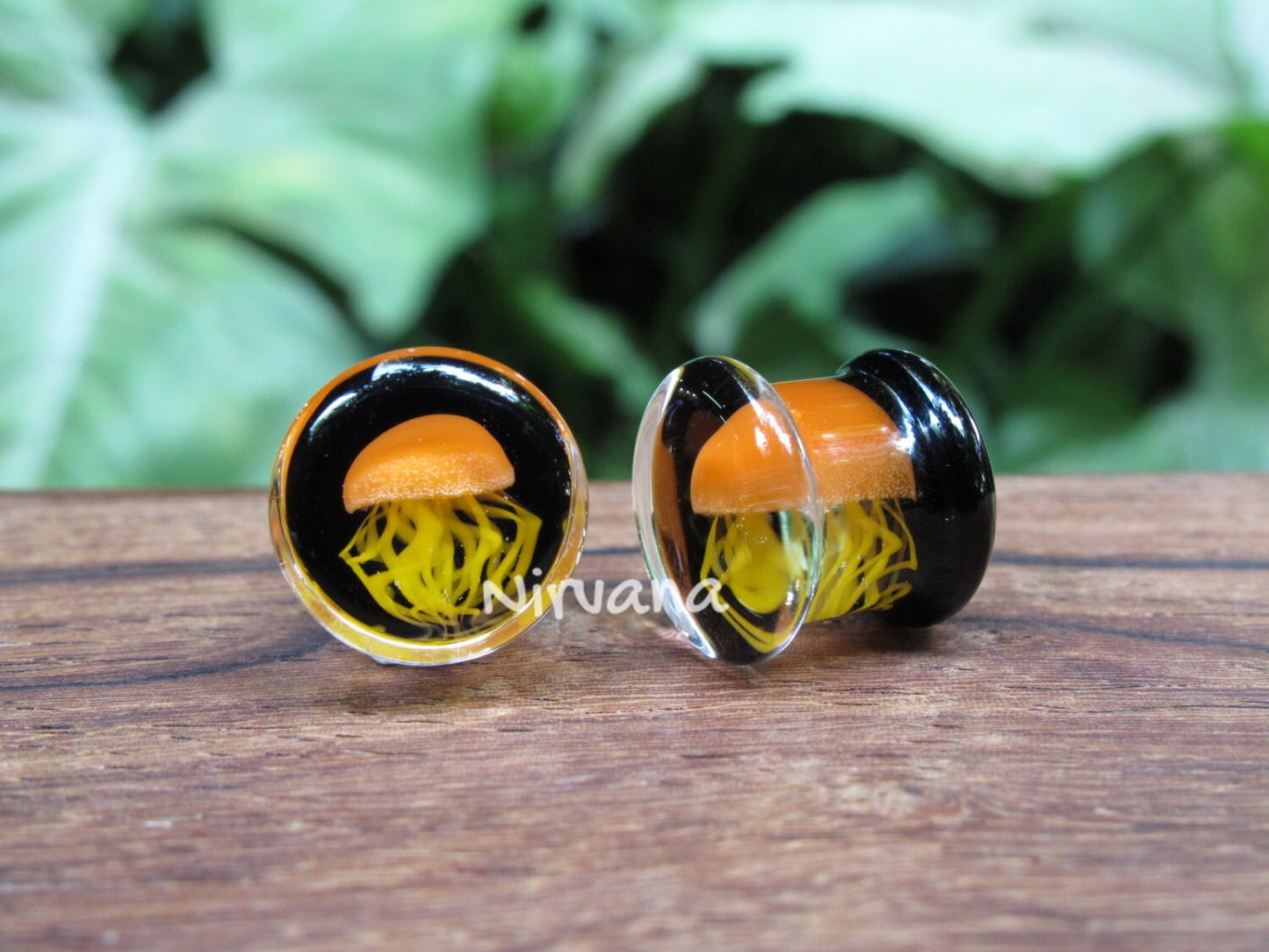 1 Pair (2 Pieces) Pyrex Glass Orange Jellyfish Plugs Black Background Dk Yellow Legs