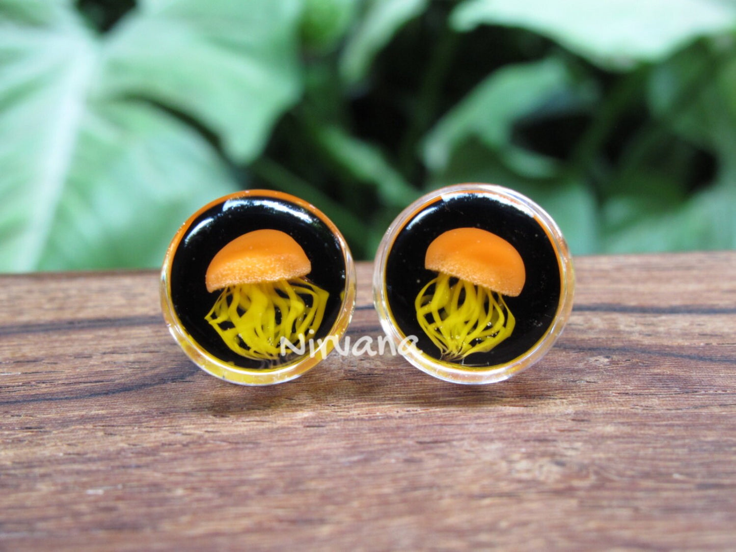 1 Pair (2 Pieces) Pyrex Glass Orange Jellyfish Plugs Black Background Dk Yellow Legs