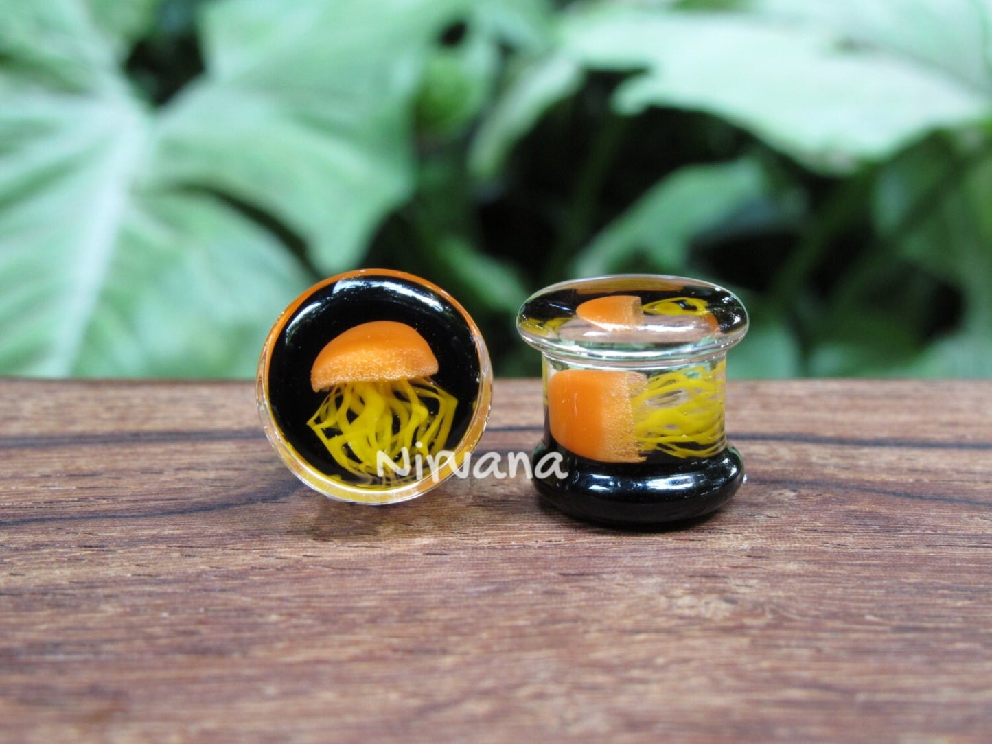 1 Pair (2 Pieces) Pyrex Glass Orange Jellyfish Plugs Black Background Dk Yellow Legs