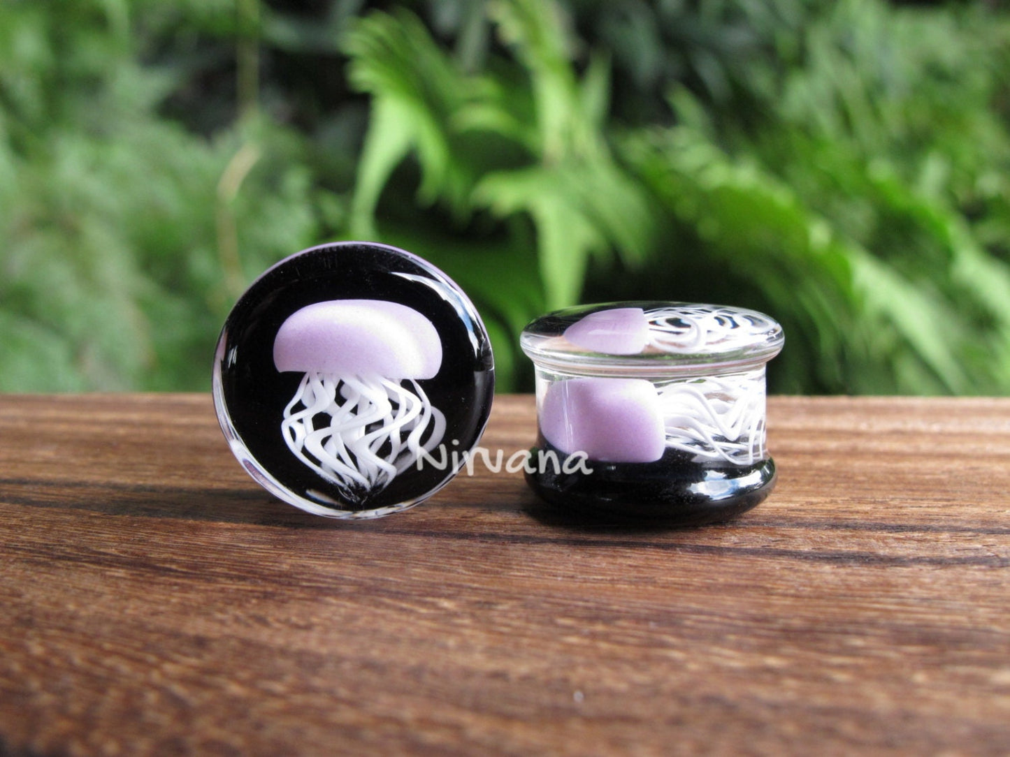 1 Pair (2 Pieces) Pyrex Glass Mauve Purple Jellyfish Plugs Black Background
