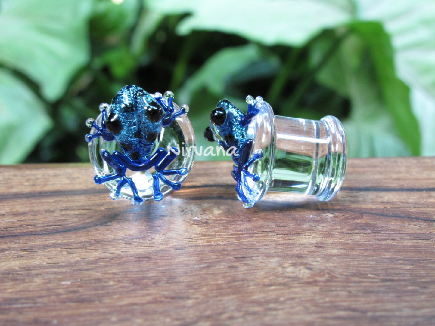1 Pair (2 Pieces) Dichroic Aqua Blue Black Spotted Poison Tree Frog Plugs
