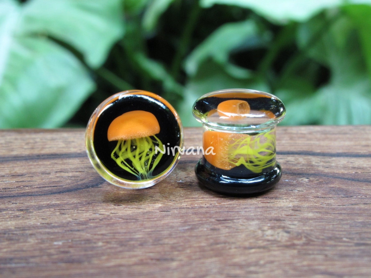 1 Pair (2 Pieces) - Pyrex Glass Orange Jellyfish Plugs Black Background Lt. Yellow Legs